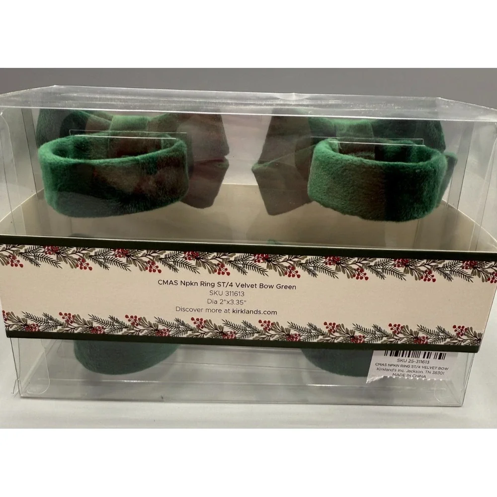 Kirkland's Home Christmas Collection Set of 4 Green Velvet Bow Napkin Rings